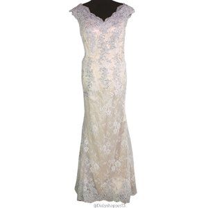 Dresses Womens Beige Silver Floral Lace Trumpet Evening Gown
